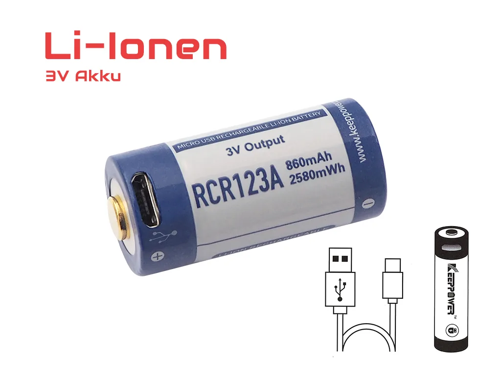 RCR123A 3V Lithium Ion Battery (Rechargeable via micro USB) – product overview RCR123A 3V Lithium Ion Battery (Rechargeable via micro USB) – product overview