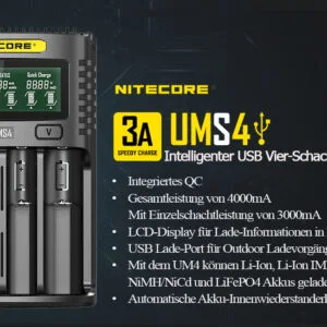 Nitecore UMS4 – intelligentes Ladegerät für Li-Ion-, LiFePo4-, Ni-MH- und Ni-CD-Akkus – Produktübersicht