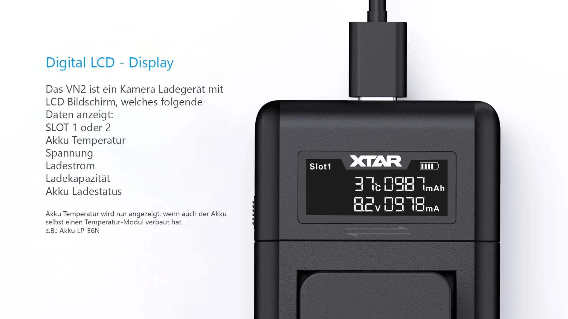 Xtar VN2 Camera Charger with NP-FZ100 Plate – detail view 9 Xtar VN2 Camera Charger with NP-FZ100 Plate – detail view 9